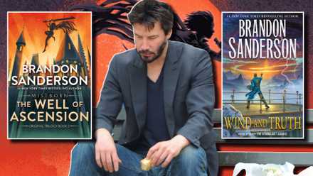 Sad Keanu Reeves with Brandon Sanderson of the books Ascension Well and The Wind and the Truth on Both Sides. Vin of Mistborn can be seen in silhouette in the background.