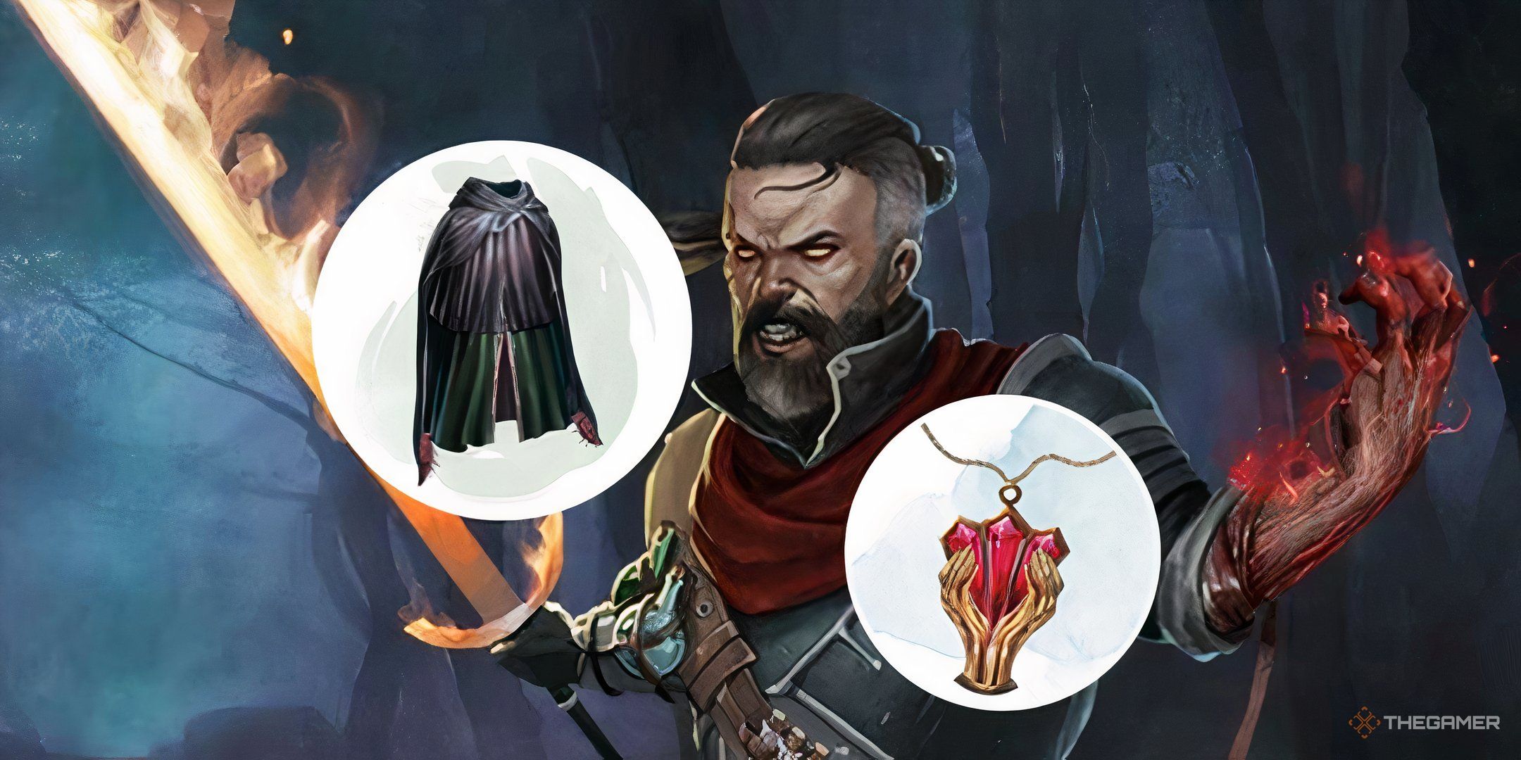A blood hunter surrounded by two magic items in Dungeons and Dragons
