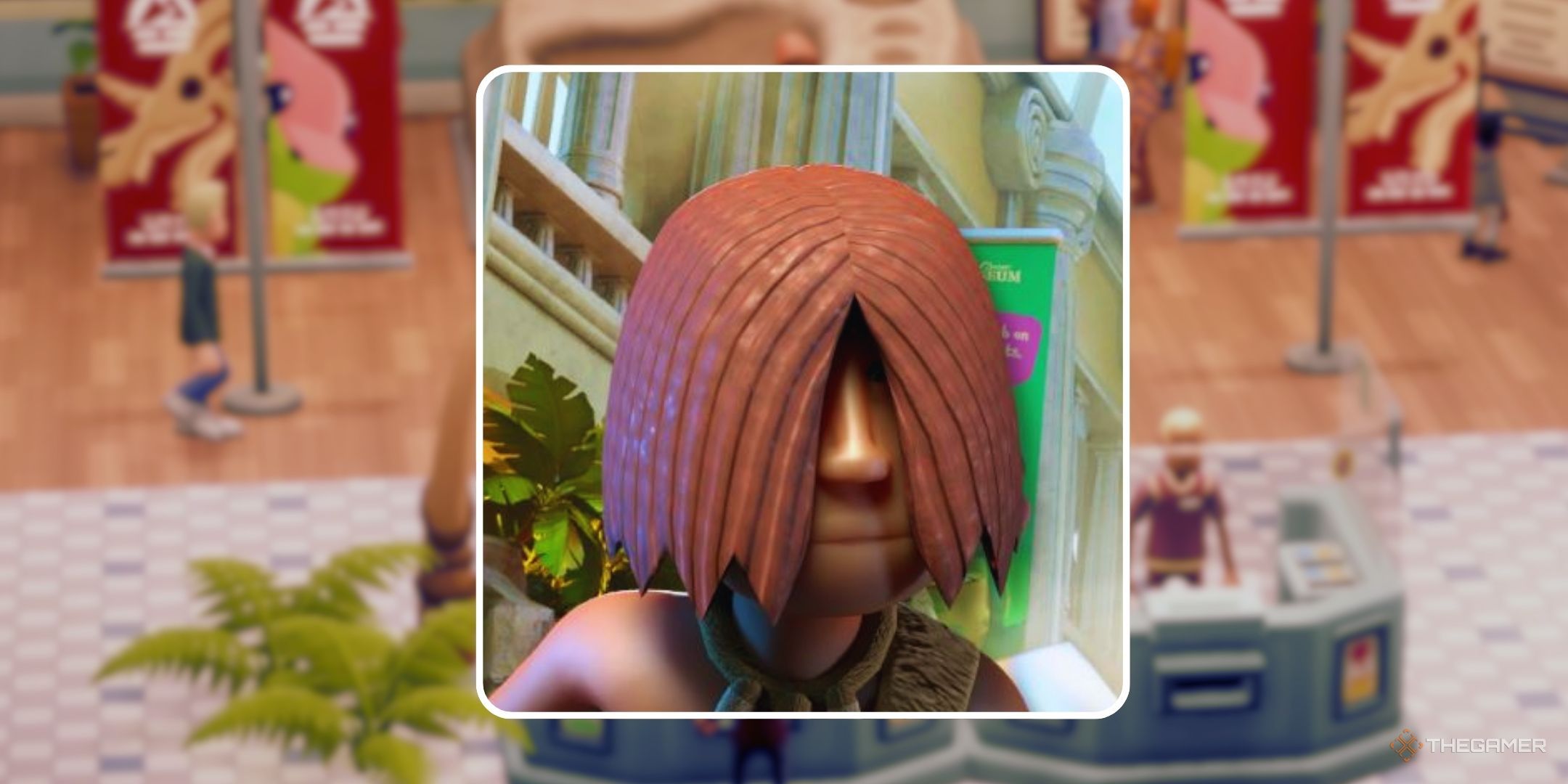 A cave person in front of a blurred Prehistory museum entrance in Two Point Museum.