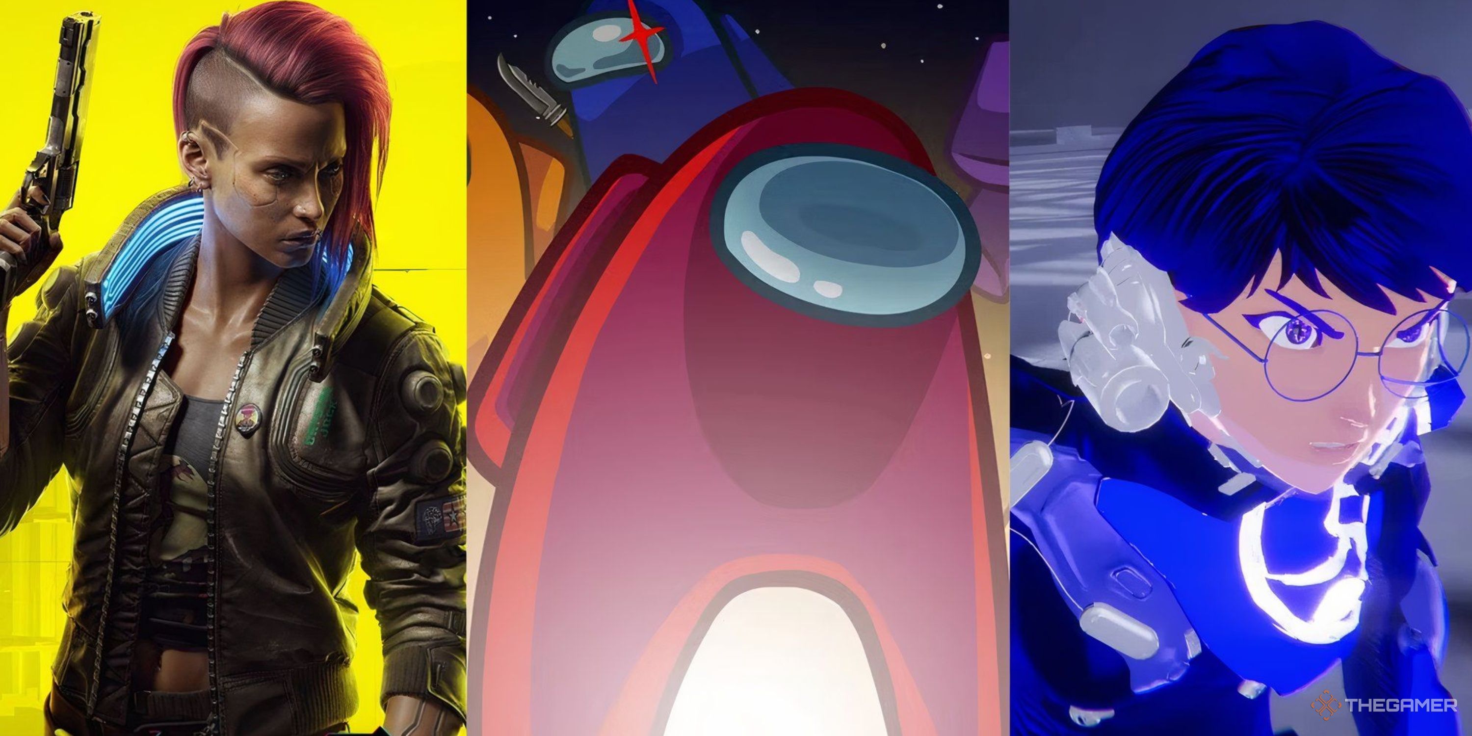 A collage containing characters from Cyberpunk 2077, Among Us, and 1000xResist.