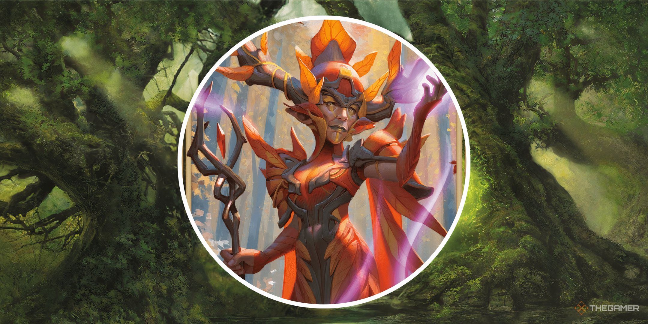 A druid in a split image with a large tree, casting a Dungeons and Dragons spell