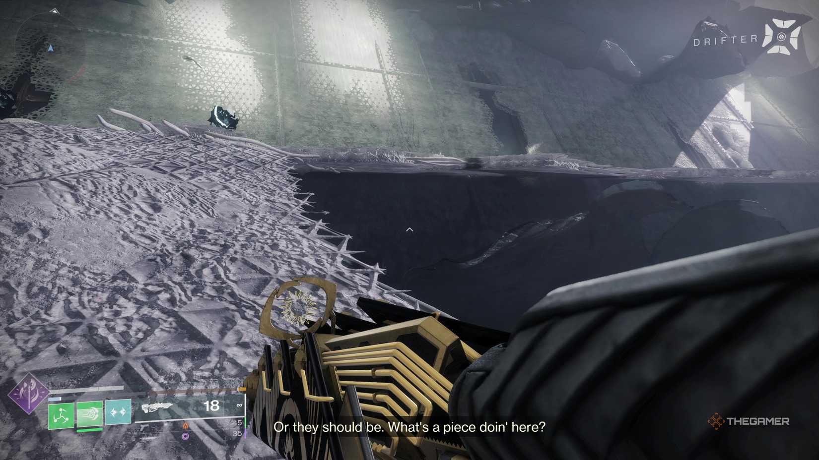 A hole in the wall near a chasm on the Dreadnaught in Destiny 2.