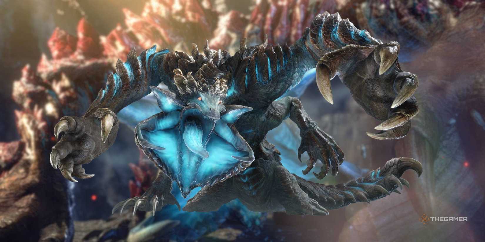 a render of gaismagorm overlaid on a blurred gaismagorm from monster hunter rise sunbreak.