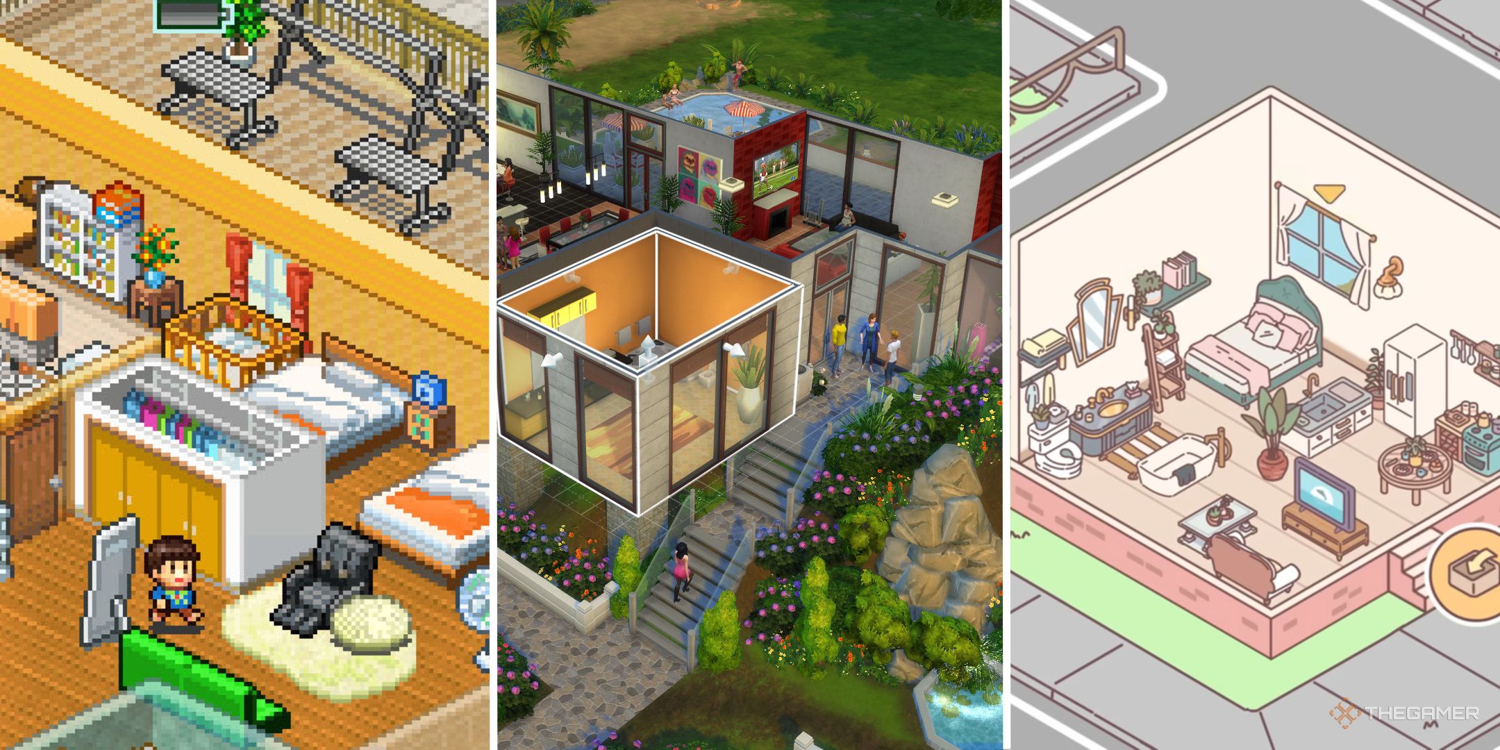 Split image showing three interior design games.