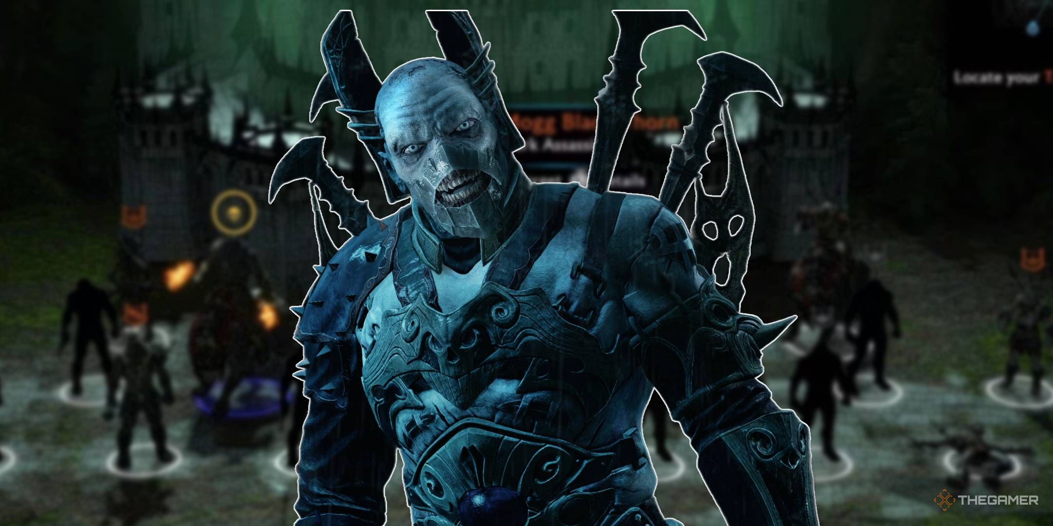 an orc from shadow of mordor in front of ranked orc captains