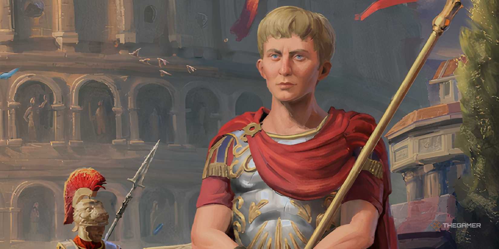 Augustus Caesar with Roman loading backdrop in Civilization 7.