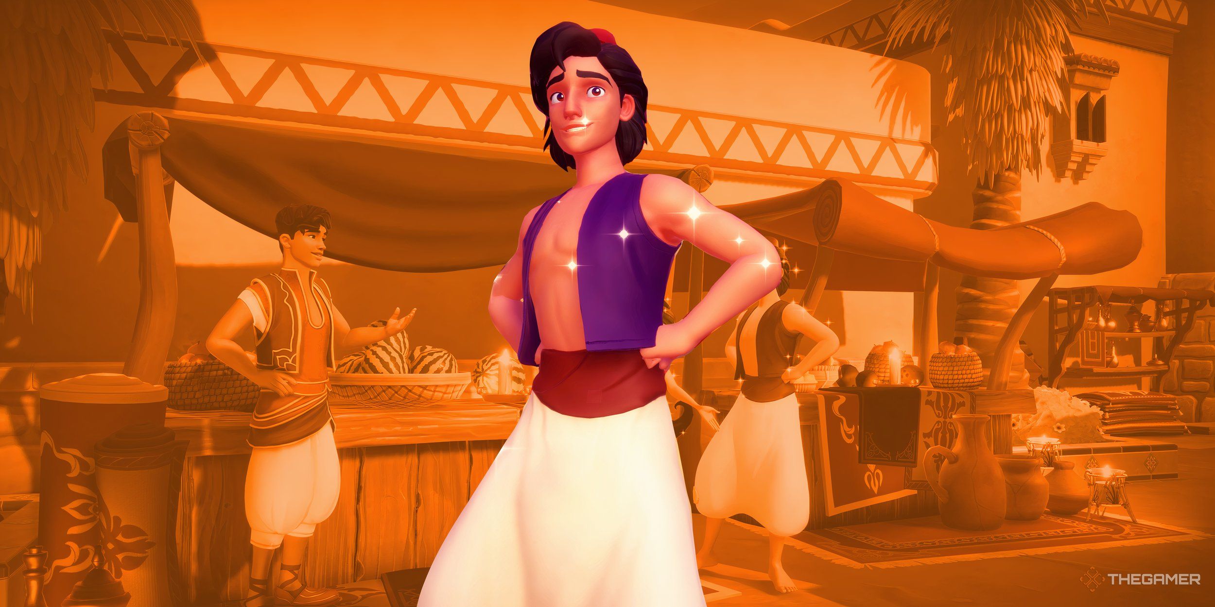A collage of Aladdin over an orange background.