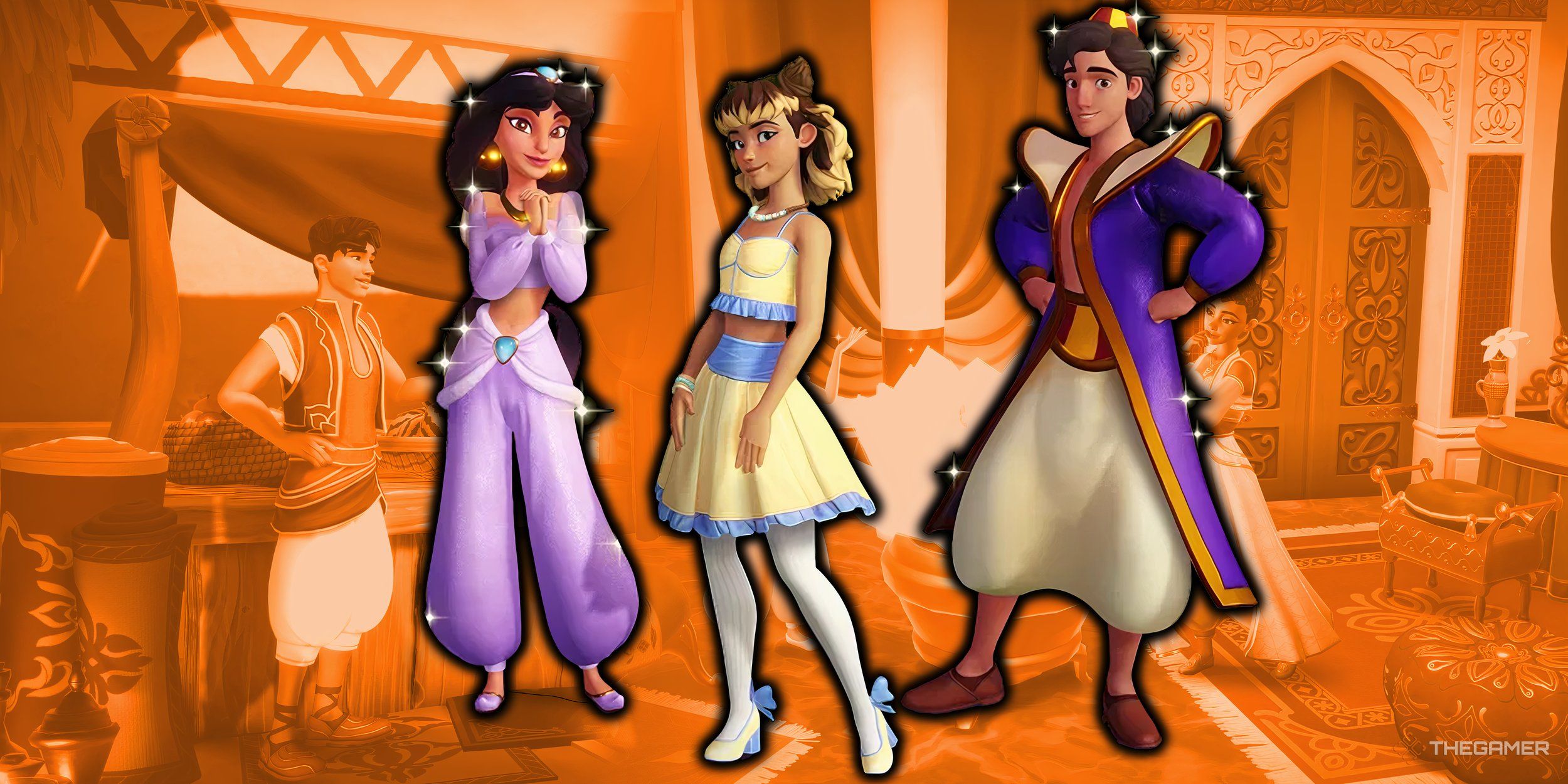 A collage princess Jasmine and Aladdin with the avatar and star path rewards over an orange background.