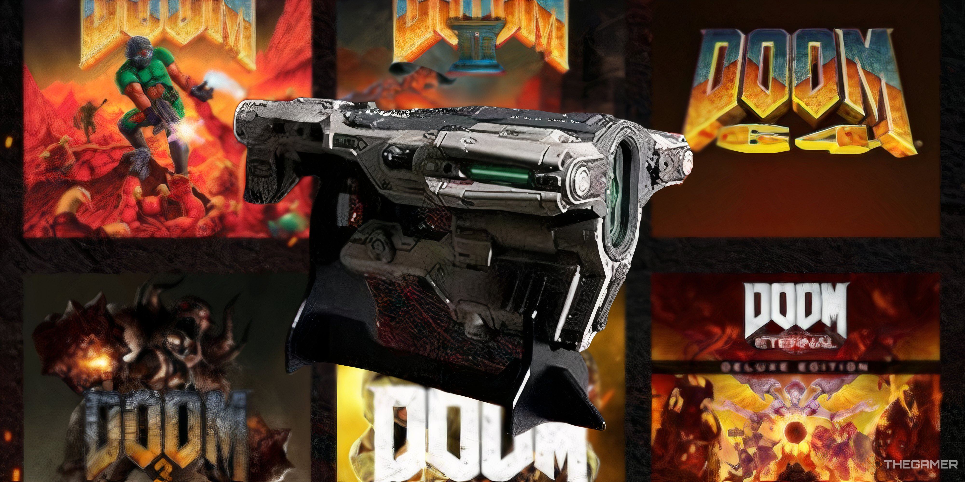 doom bfg replica on a blurred background featuring all six doom game covers.