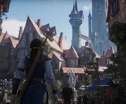 A screenshot from a new Fable gameplay trailer, showing a bustling city with a castle in the background