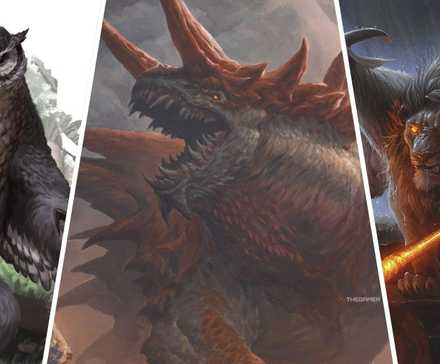 Dungeons & Dragons image showing an owlbear, a tarrasque and a chimera.