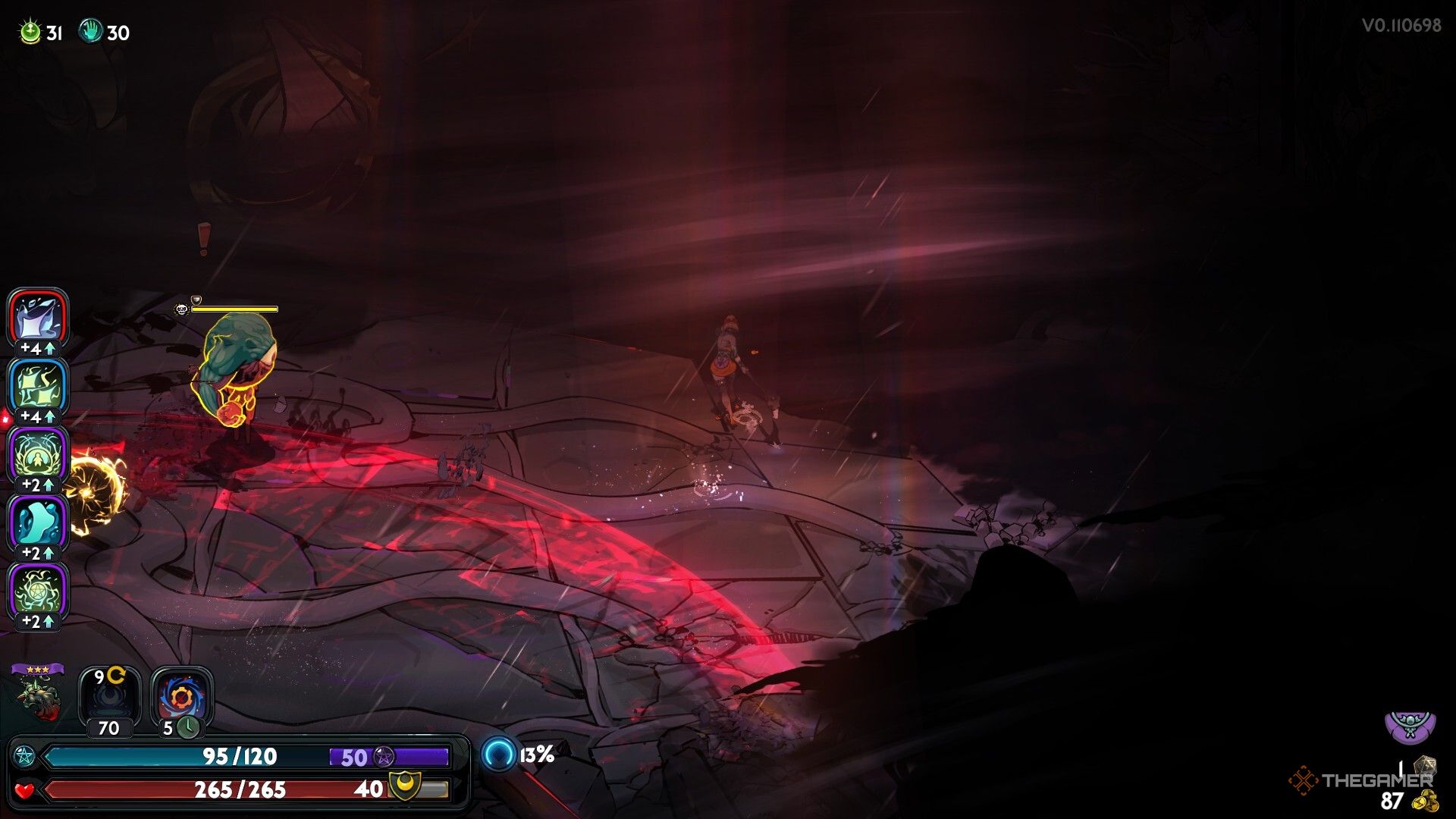 Melinoë dodging some of Typhon's attacks and spawn. A shockwave races across the field.