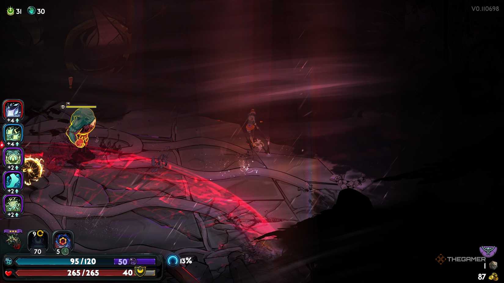 Melinoë dodges some of Typhon's attacks and spawns. A shock wave sweeps across the field.