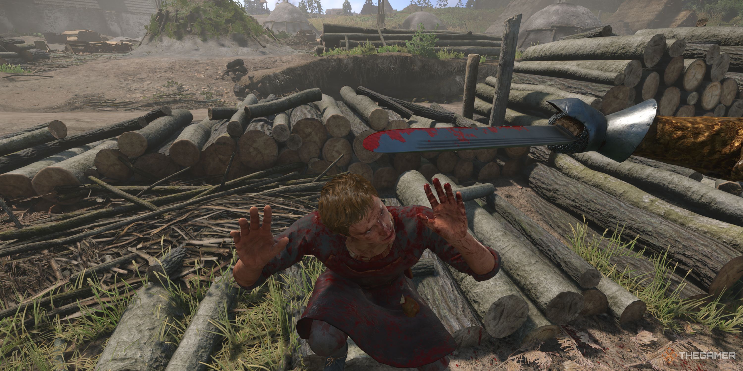 Henry standing in front of Matthias, who has been defeated in a duel.