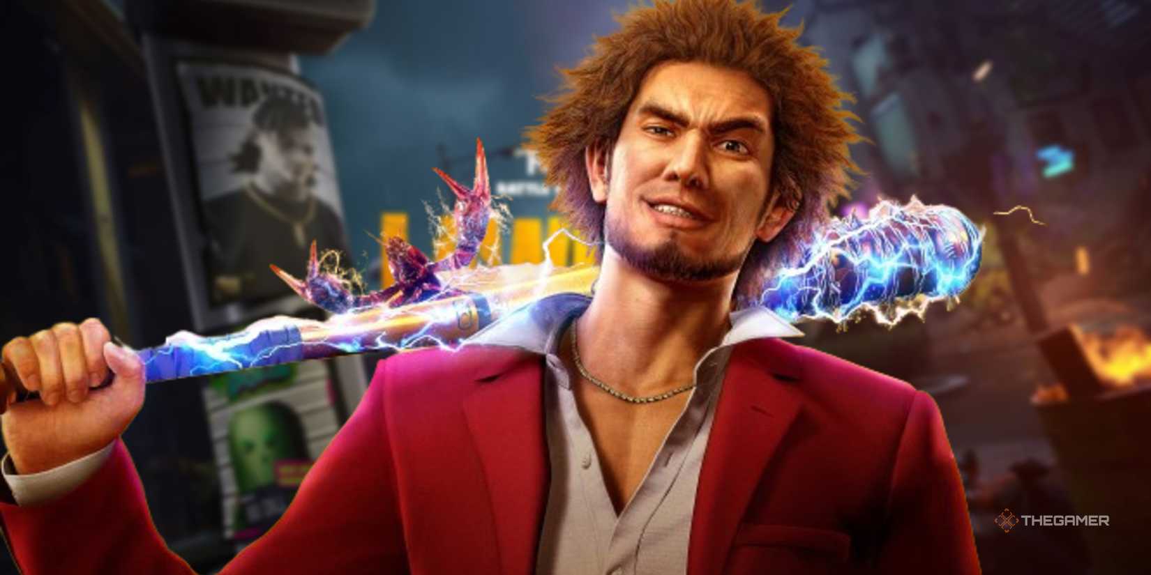 ICHIBAN KASUGA in front of Fortnite Lawless Season Teaser.