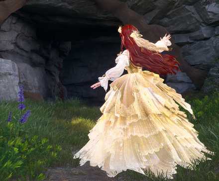 Nikki dressed in gold running into a forest cave.
