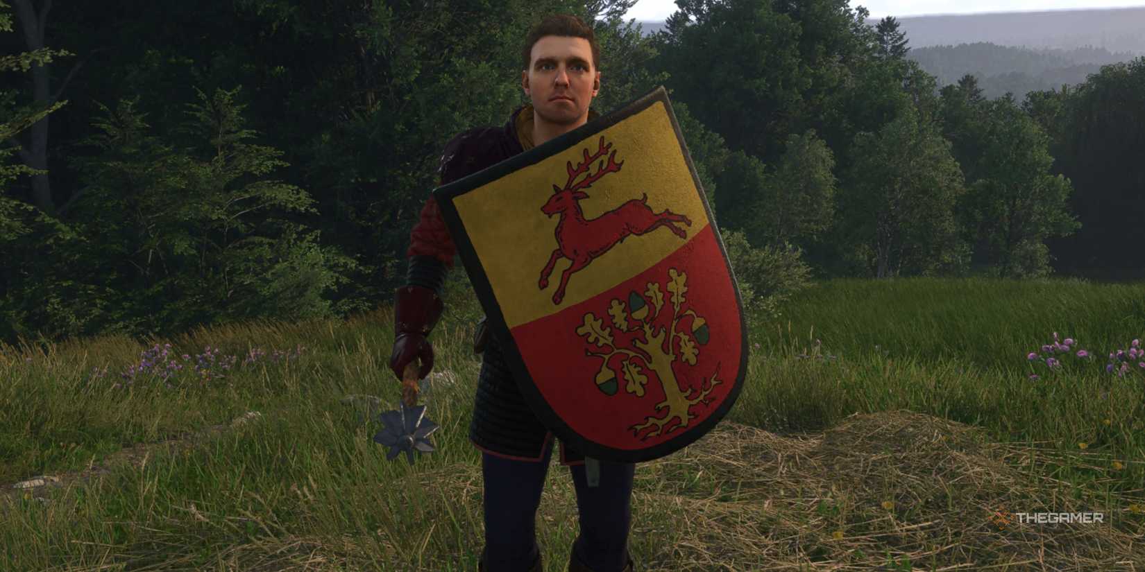 Henry standing in an open field wielding a Mace, the Shield of Autumn ...