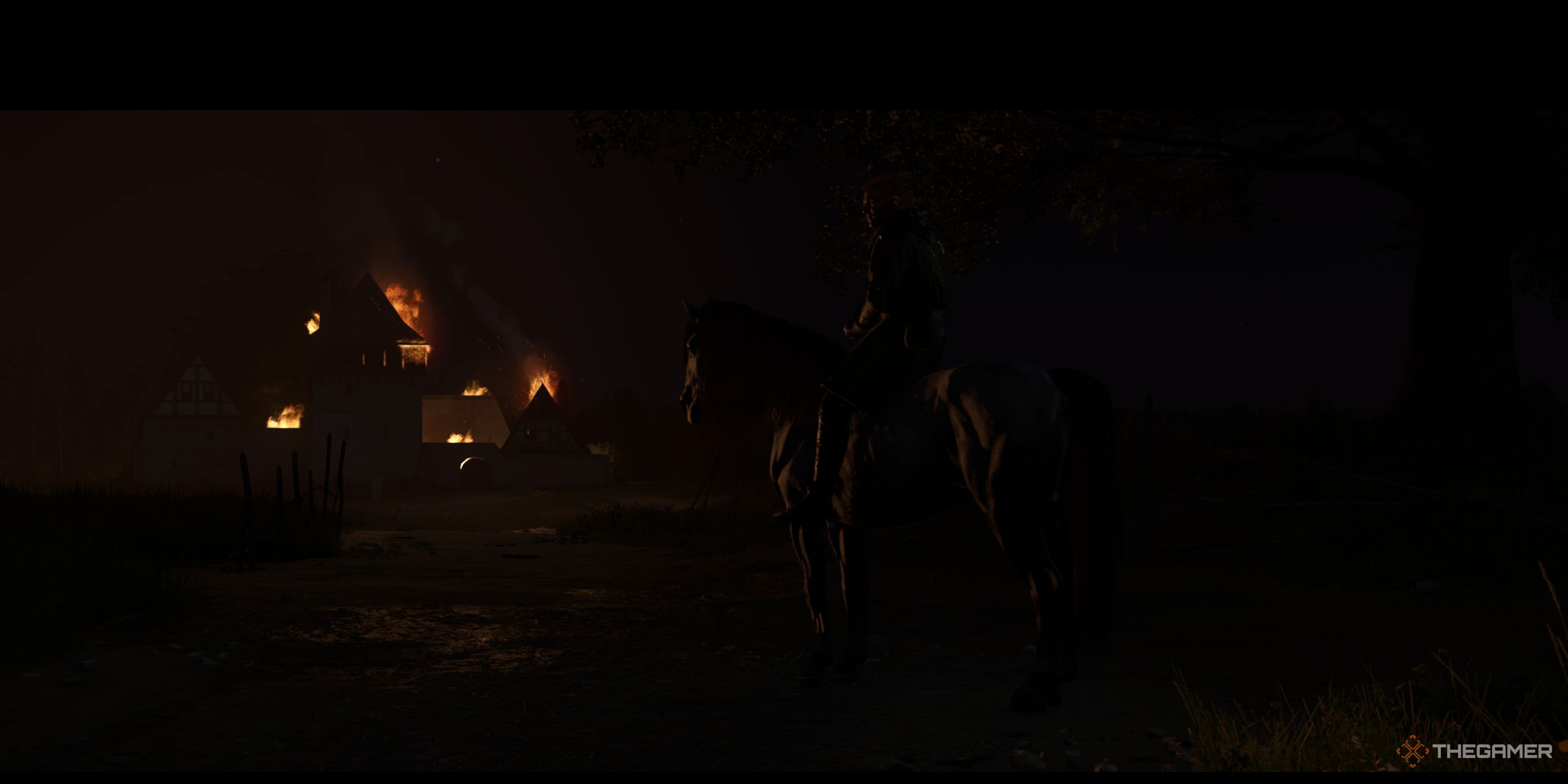 Henry is witnessing Semine burning down while sitting on a horse.