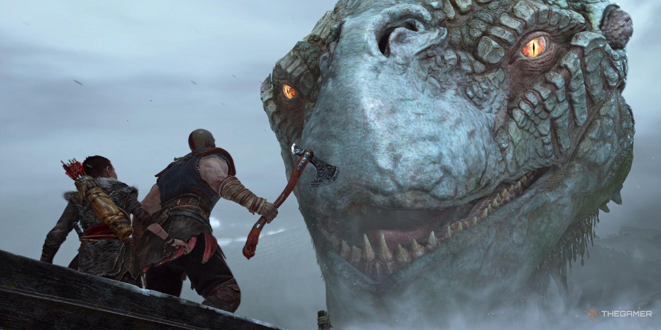 Kratos and Atreus meeting Jormungandr in God of War 2018.