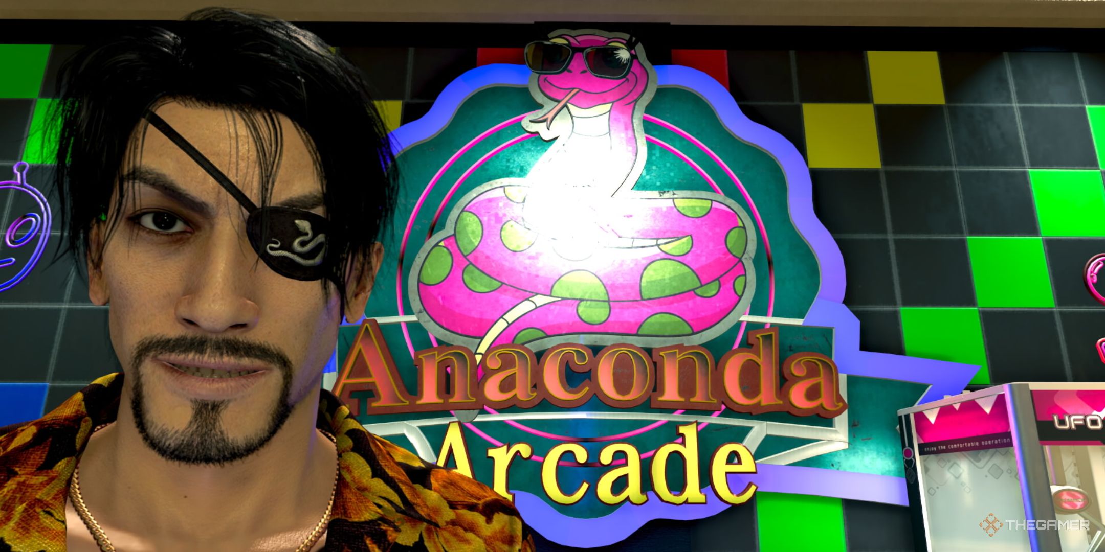 Like A Dragon Pirate Yakuza in Hawaii. Anaconda Photo Rally. Majima taking a selfie with the Anaconda Arcade sign.