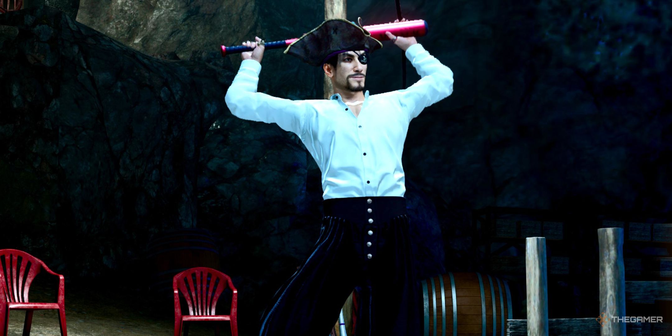 Like A Dragon Pirate Yakuza in Hawaii. Majima posing with his bat behind his head after completing a Bang Bang Batting challenge.