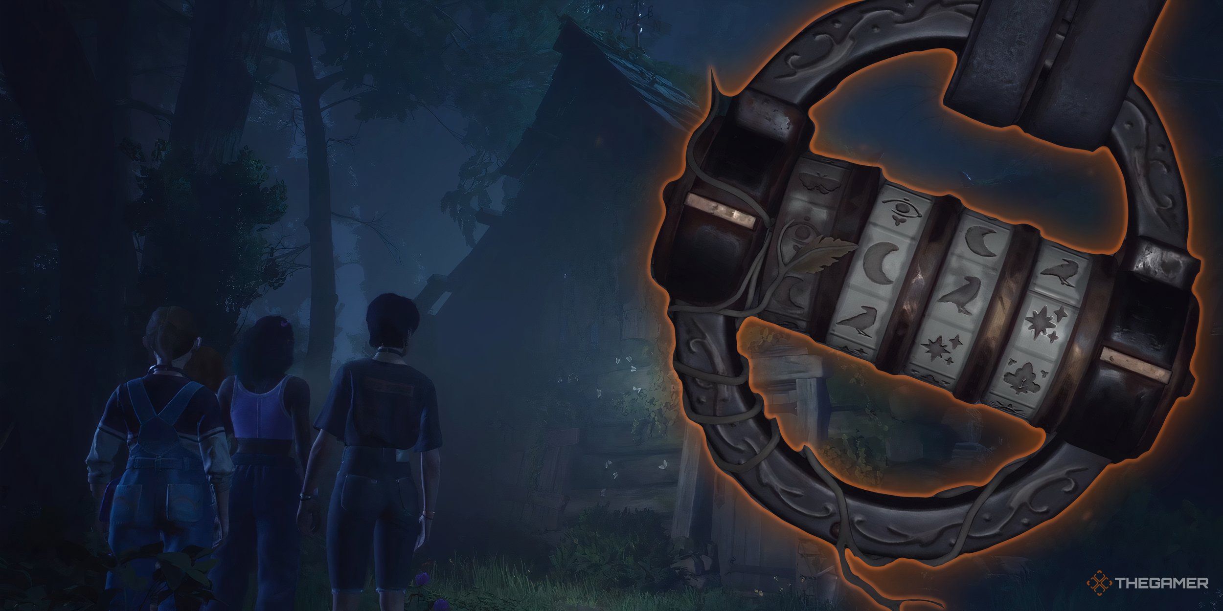 Collage of the cabin lock overtop the girls apporaching the cabin in the dark.