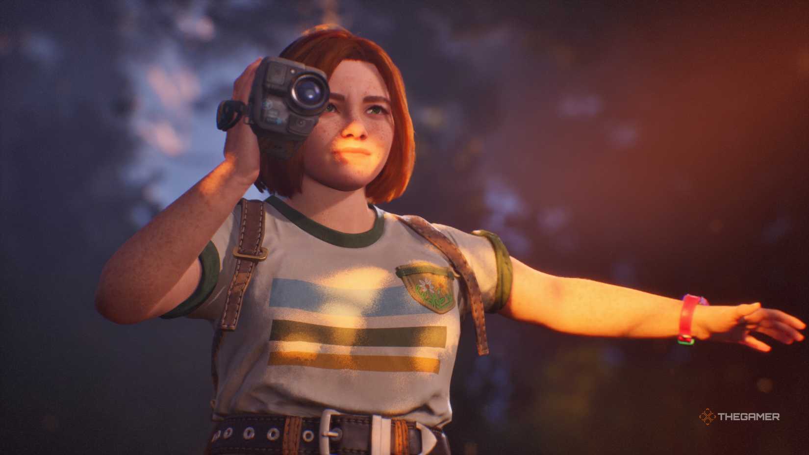 Swann holds a video camera to her face as she crosses an invisible log bridge in Lost Records: Bloom & Rage.