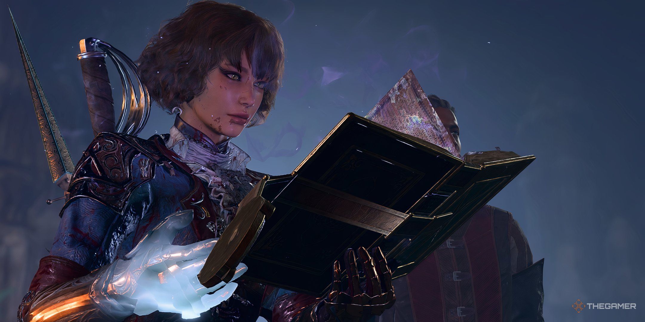 Bladesinging Wizard reads the book of gods in Baldur's Gate 3.