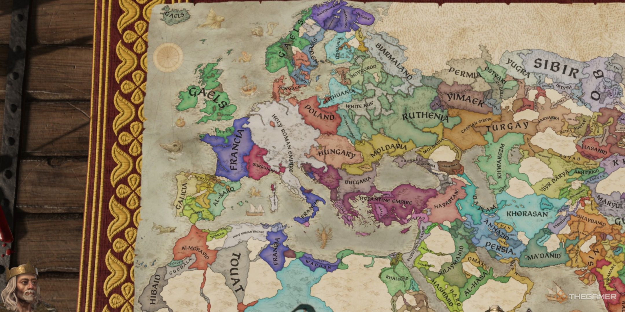a picture of the map in crusader kings 3 alongside the current player in the bottom left corner.