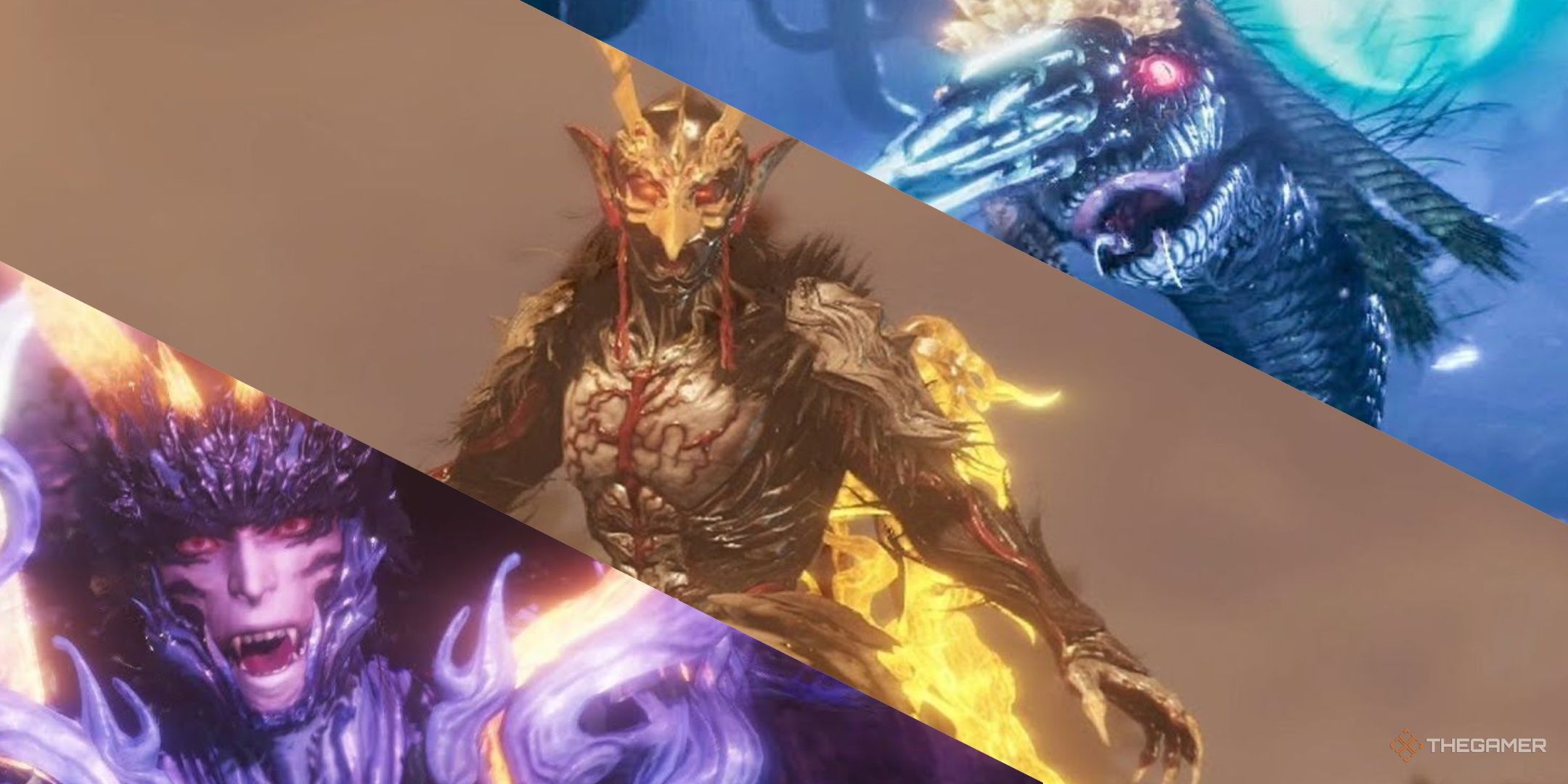 Otakemaru roaring, Minamoto no Yoshitsune in his yokai form, and yatsu-no-kami looking downwards, left to right all in Nioh 2.