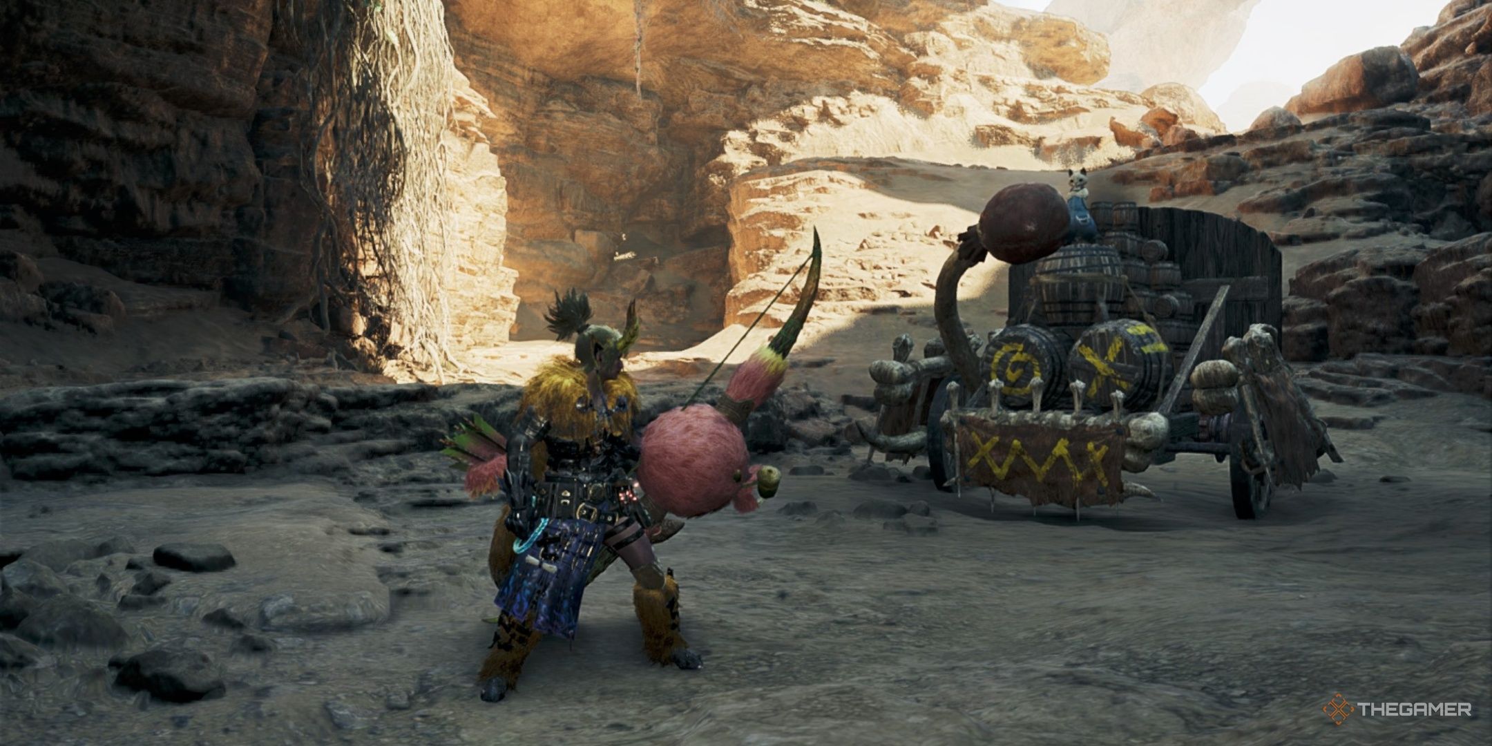 The hunter holding a congala bow in the training area in monster hunter wilds.