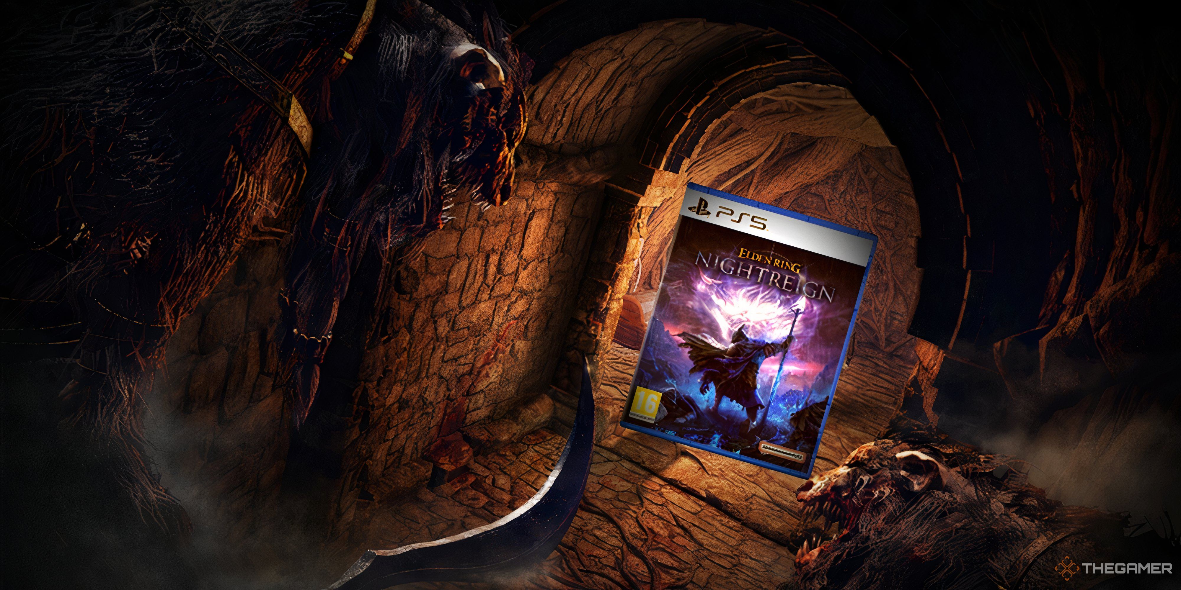 elden ring monster looking at a copy of elden ring nightreign.