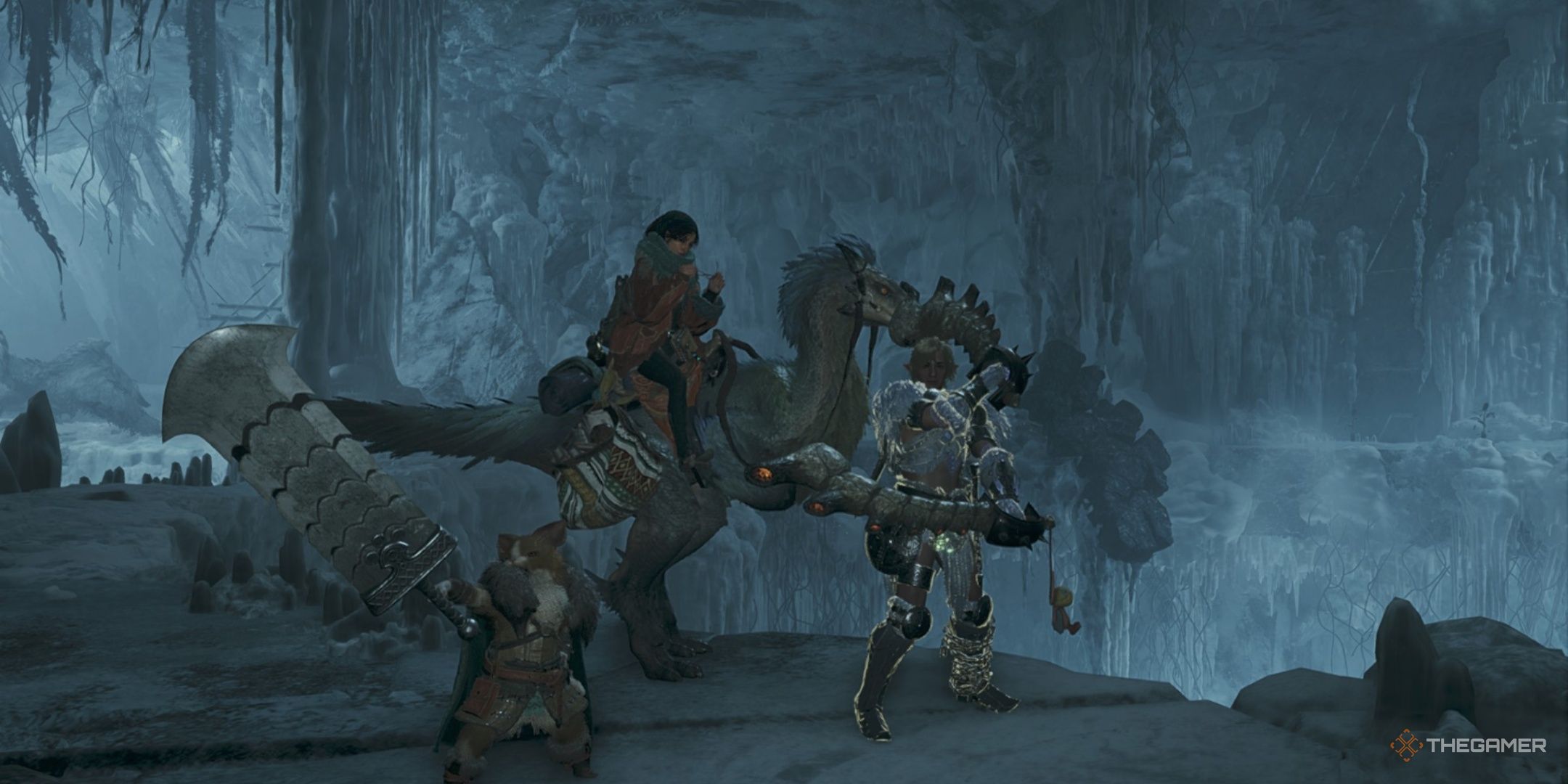 The hunter, their Palico, and Alma all posing with weapons for a photo in monster hunter wilds.