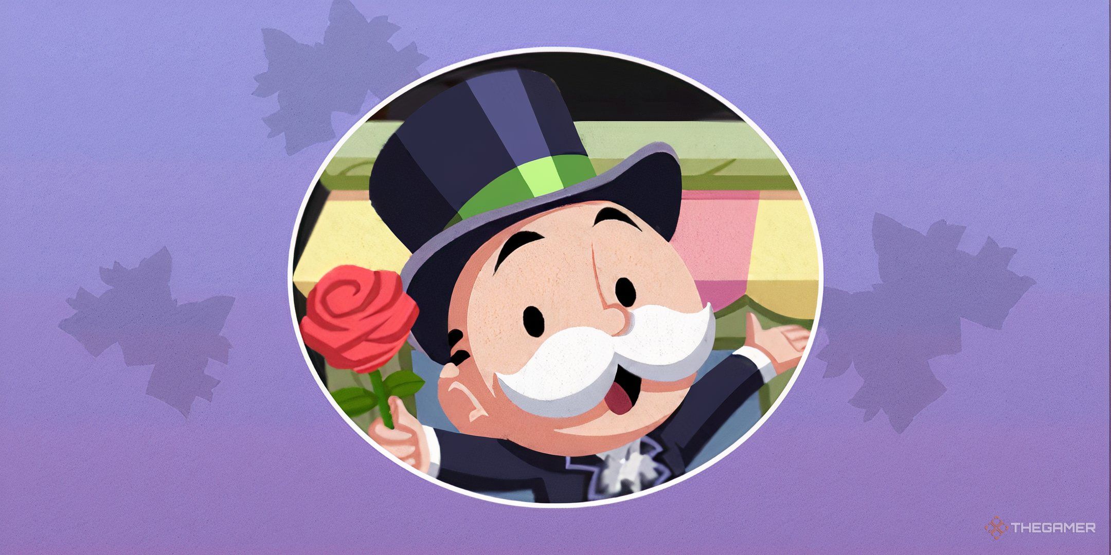 Mr. Monopoly holding a rose for the Petal Paradise event in Monopoly Go.