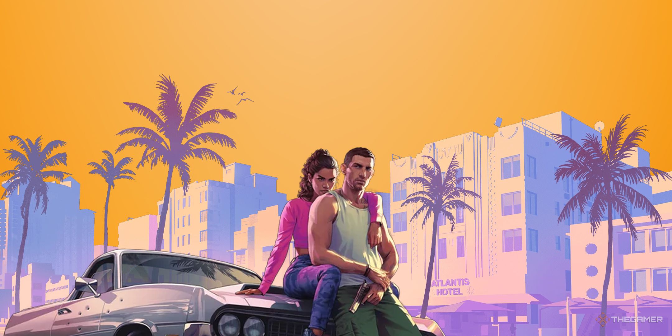 NEWS GTA 6 characters key art over orange background.