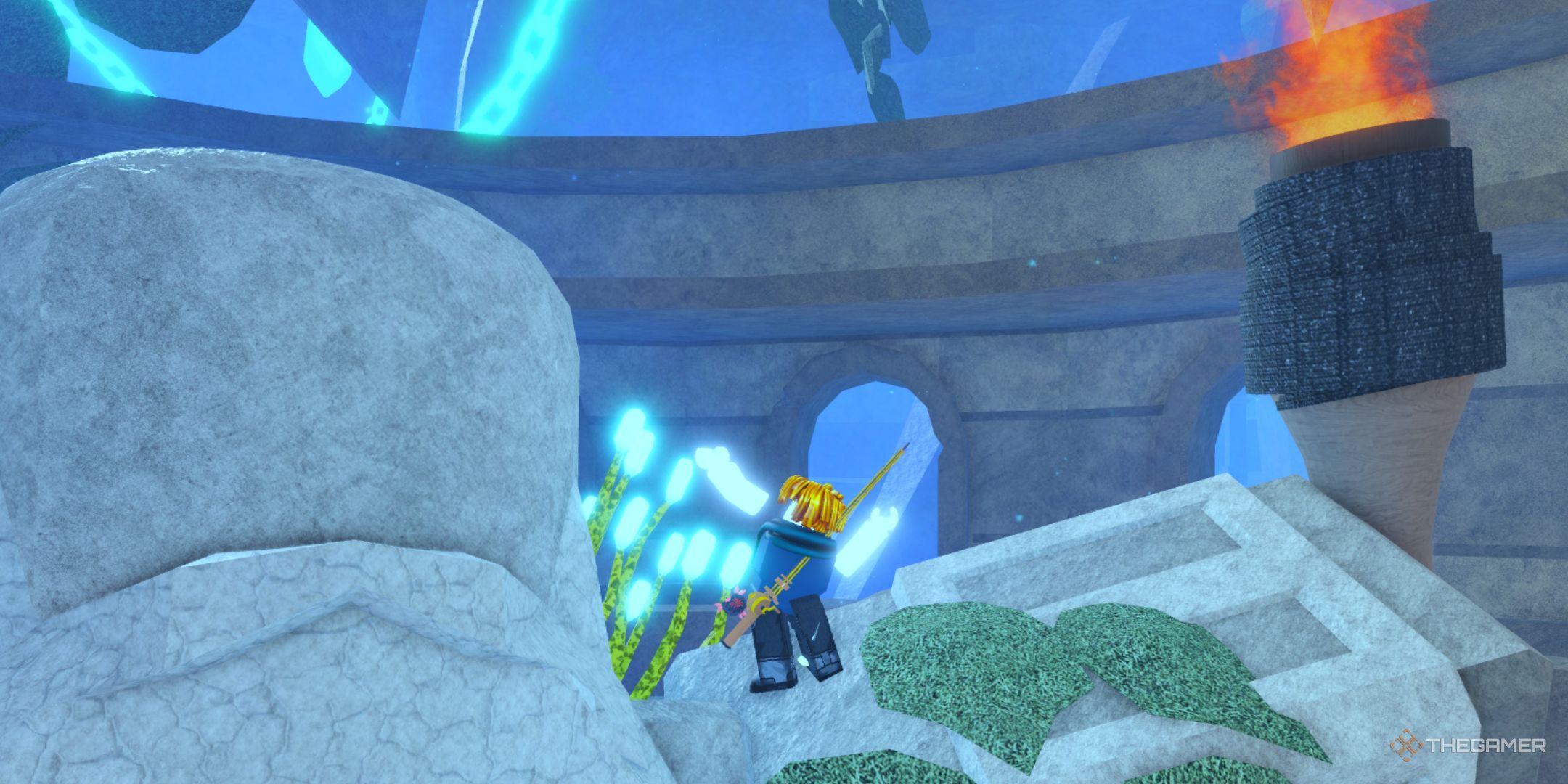The player character is using a flex emote while standing on a huge Zeus statue in the Atlantis area in Fisch.