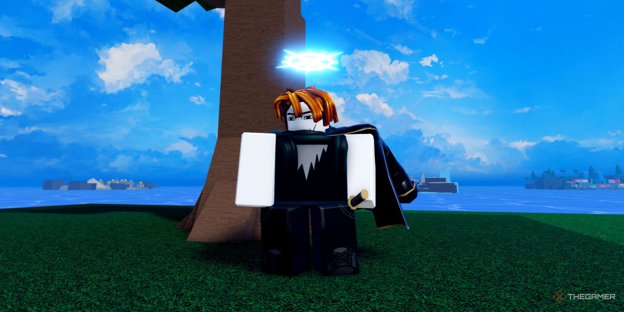 The player character stays next to the tree on Starter Island in Verse Piece.