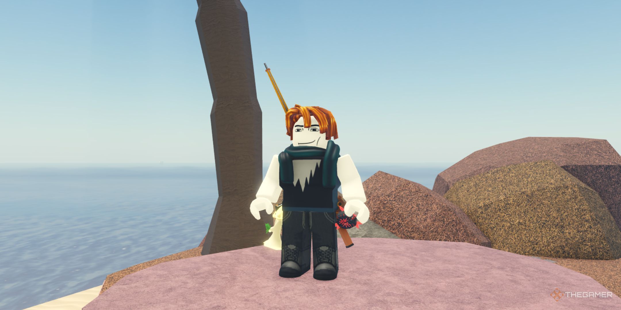 The player character stays near the tree on the Moosewood island while smiling in Fisch.