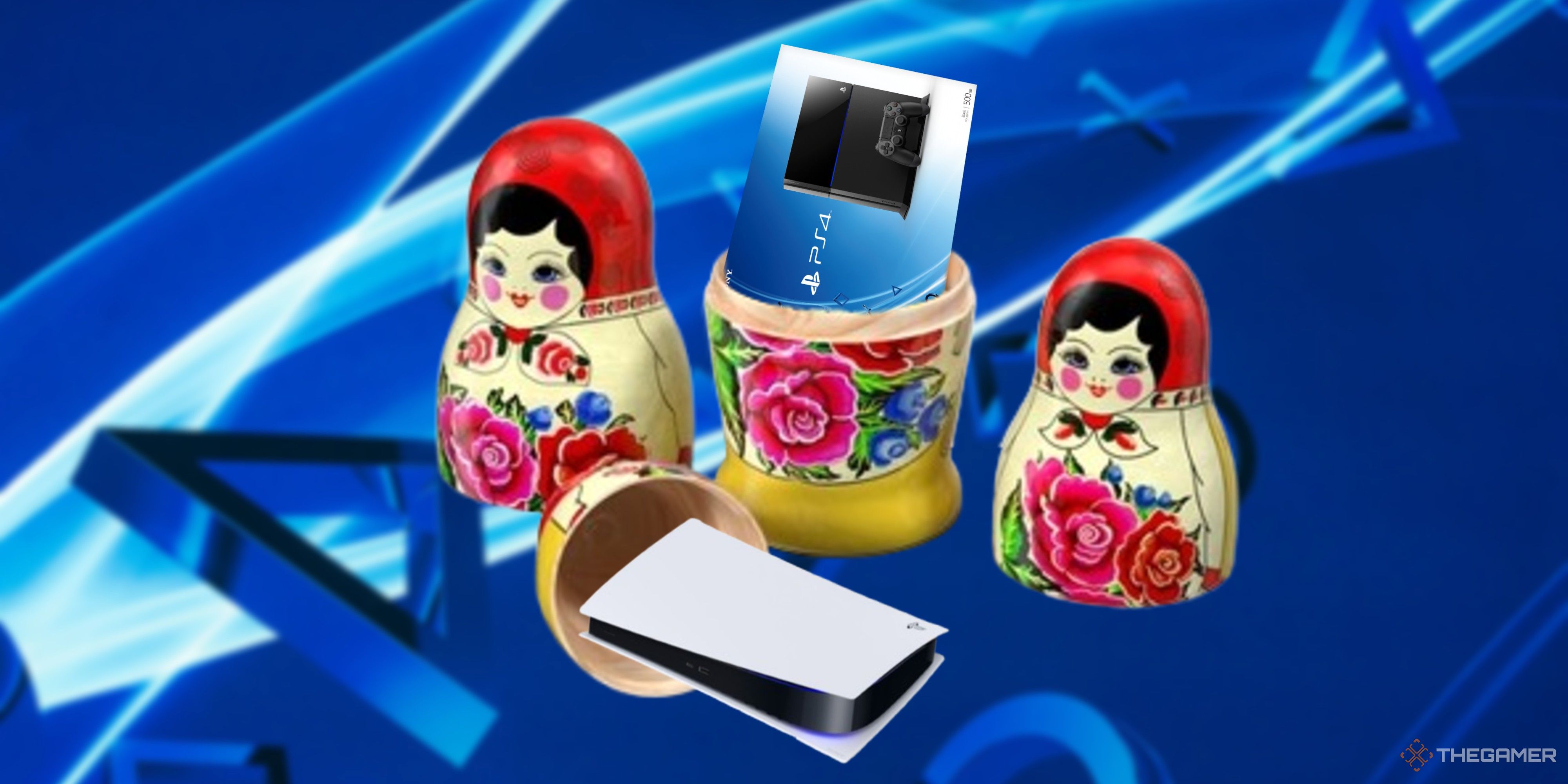 ps5 and ps4 inside a set of babooshka dolls.