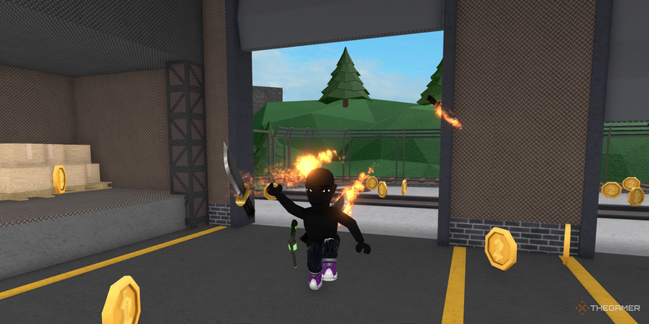 Character in roblox Murder Mistery 2 murderer throwing a knife in flames.