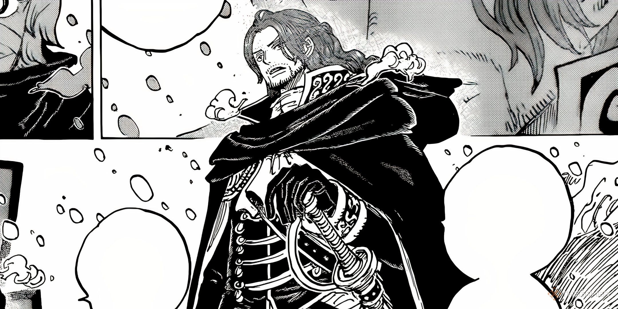 Shamrock from One Piece standing intimidatingly, hand on sword and eyes half closed.