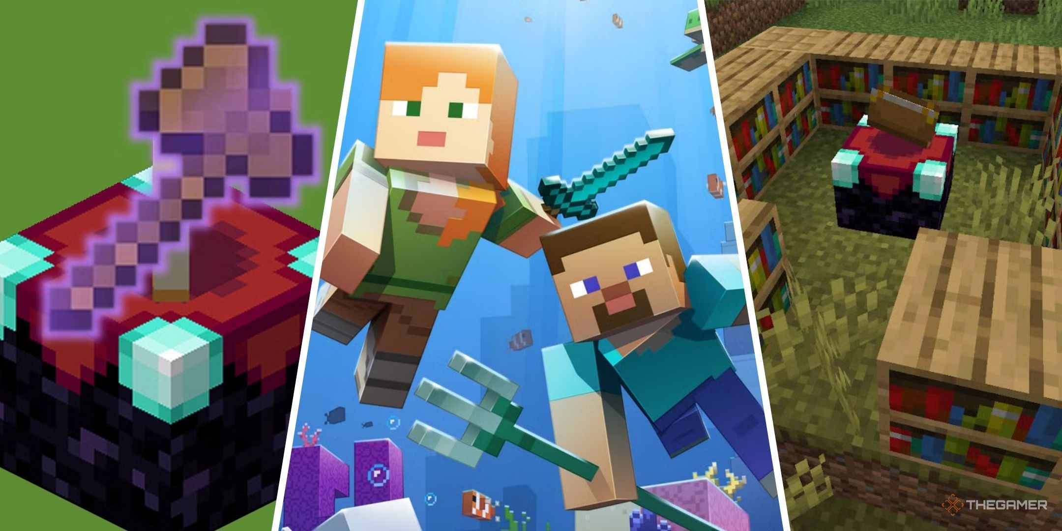 Split Image Wooden Axe In Front Of Enchanting Table, Steve And Alex Swimming, And Enchanting Table Surrounded By Bookshelves