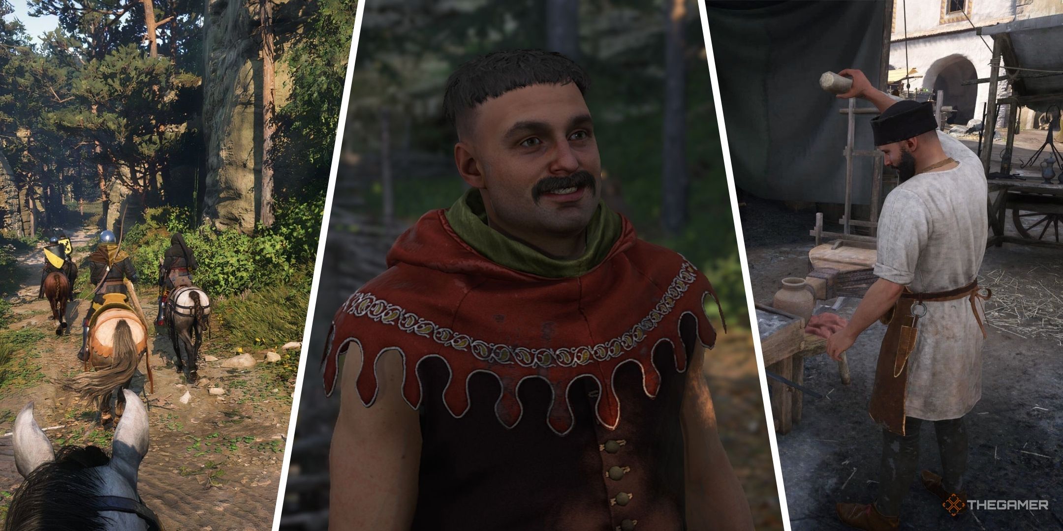 Split images of riding horses, Tomcat, and blacksmithing in Kingdom Come Deliverance 2.