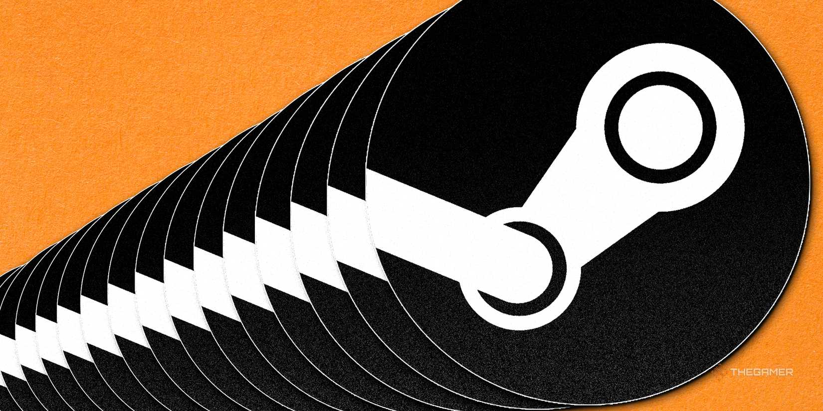 The Steam logo is repeated over an orange background.