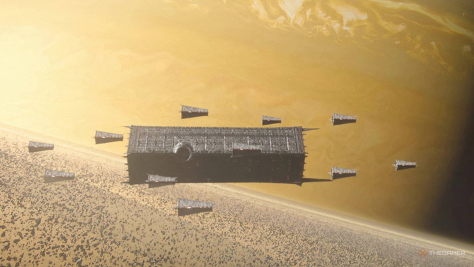 The Dreadnaught and its support fleet near Saturn in Destiny 2.