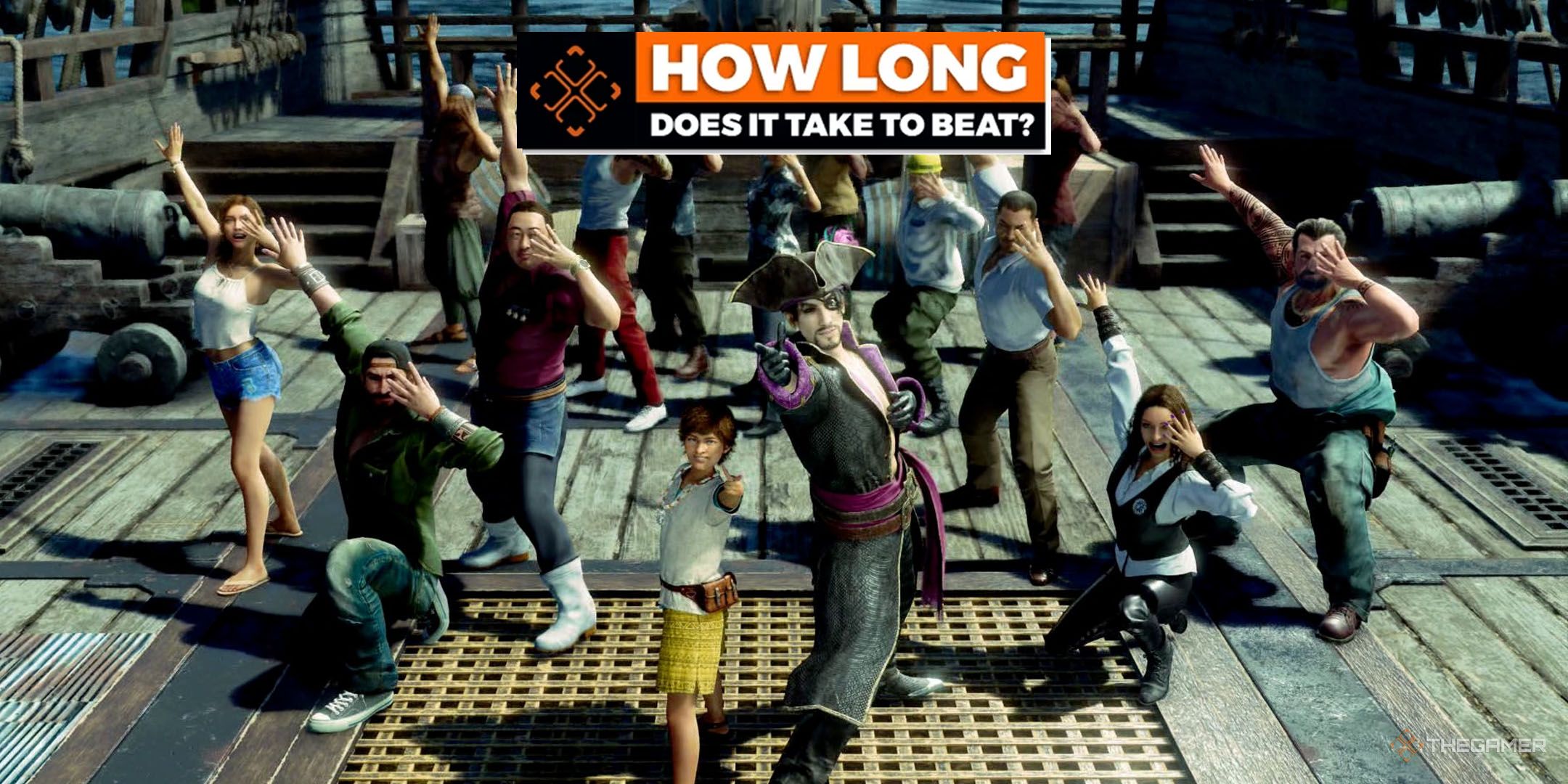 The Goromaru crew posing on deck with the How Long To Beat logo overlaid from Like a Dragon Pirate Yakuza in Hawaii. 