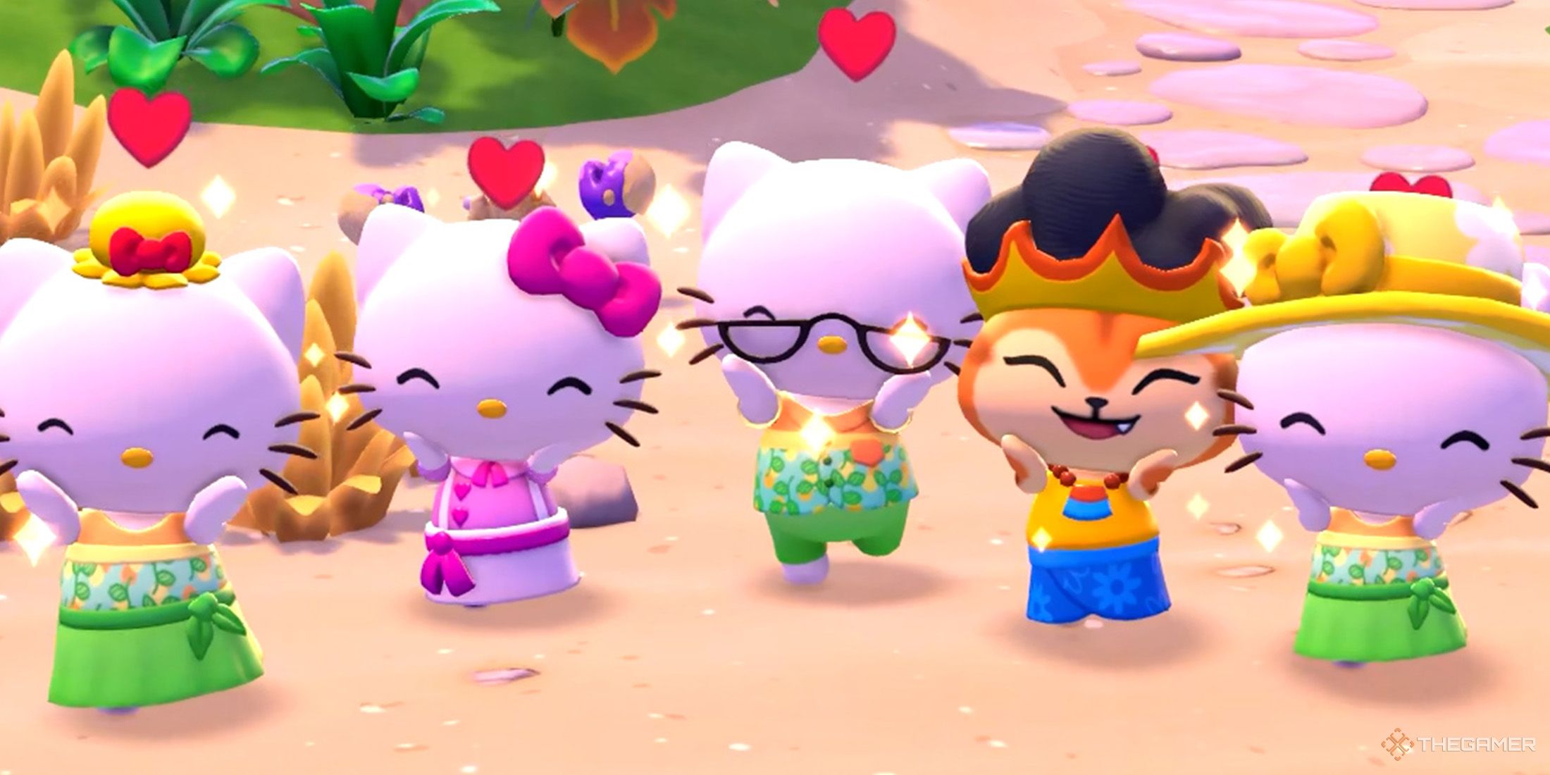 The player takes a selfie with Hello Kitty and with her family in Hello Kitty Island Adventure.