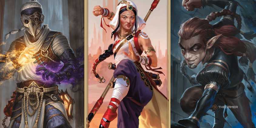 Three different monk subclasses in a split image with one another, wieldig quarterstaffs and their fists in Dungeons and Dragons