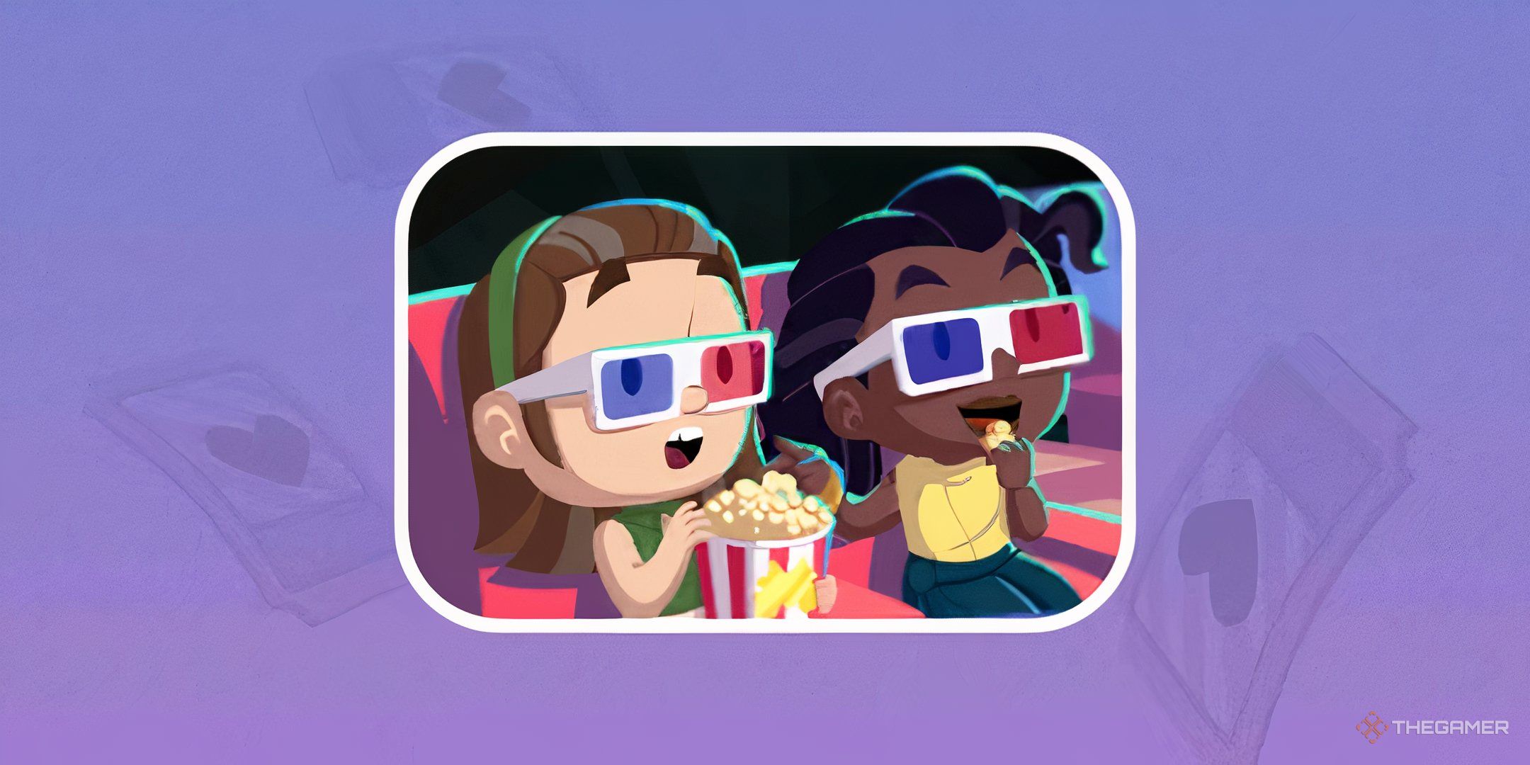Two characters from Monopoly Go watching a movie together for Date Night Thrills.