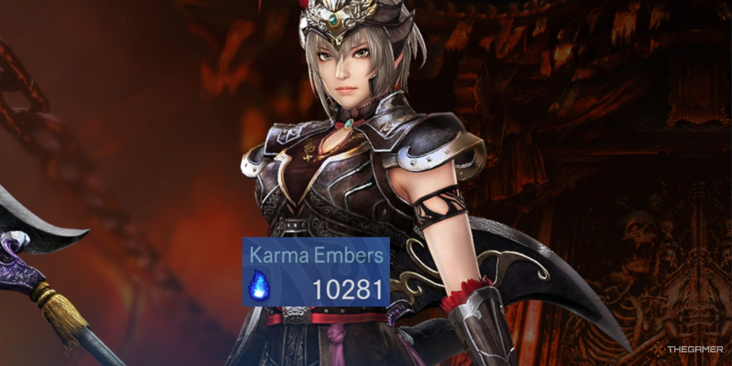 Lu Lingqi looking ahead while wielding her Immortal's Bane Unique Weapon, with an image of 10,281 Karma Embers underneath her in Warriors: Abyss.